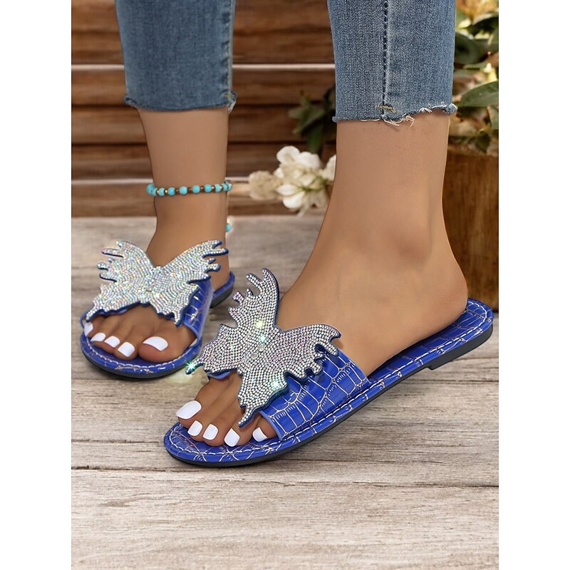 Women's Blue Rhinestone Butterfly Slide Sandals – Elegant Summer Footwear for Beach, Vacation, and Casual Outfits3