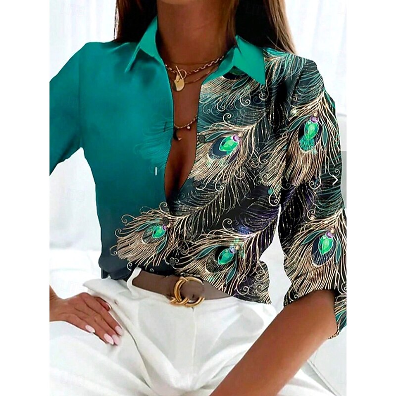 Women's Shirt Button Down Tunic Shirt Collar Long Sleeve Graphic Feather Daily Stylish Long Tops Daily Holiday s Print Green Spring
