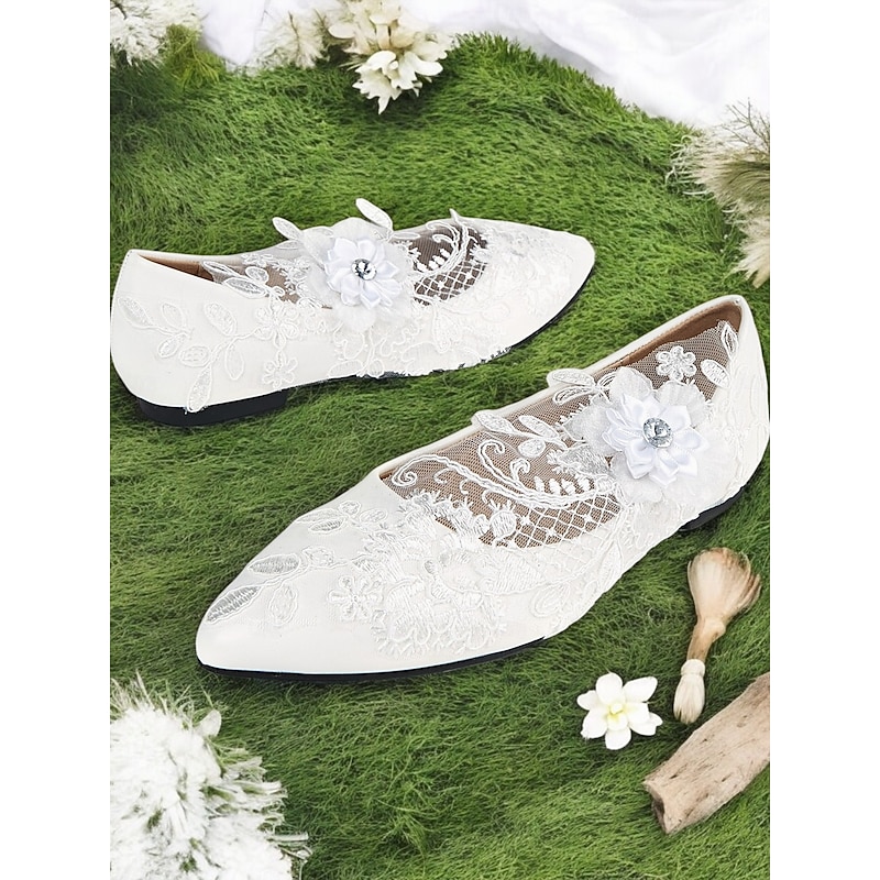 White Lace Wedding Shoes with Floral Appliqué and Mesh Design for Brides for Formal Occasions2