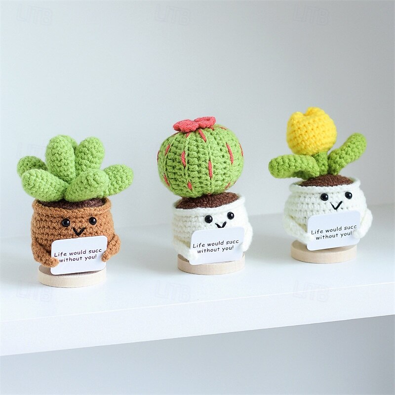 Crochet Positive Cactus Handmade Knitted Cactus Toy Cute Funny Potato Emotional Positive Life Doll Ornaments Gifts with Encouraging Card for Adults Kids Friends Room Office Desktop Decor3