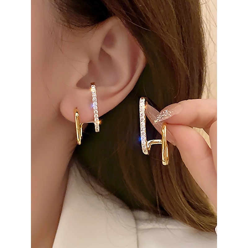 Women's Gold Geometric Hoop Earrings with Rhinestone Accents – Modern and Elegant Jewelry for Weddings, Parties and Formal Events