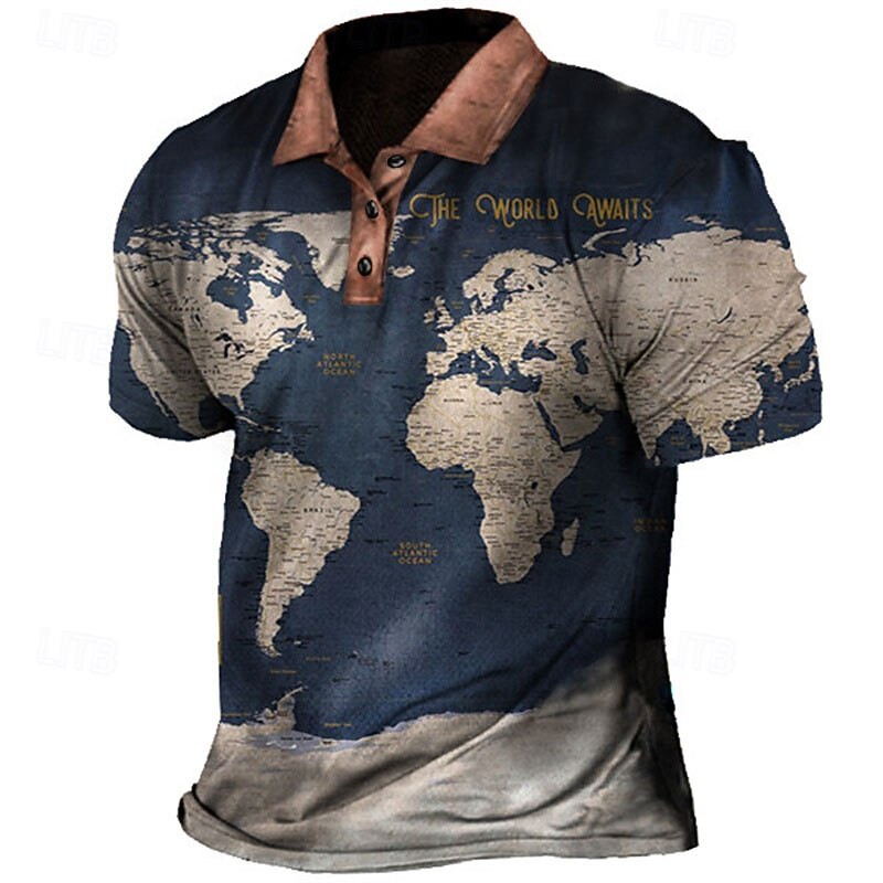 Men's Nautical Polo Shirts Golf Shirt Short Sleeve Polo Shirts Collared Shirts Vintage Casual Vacation Wear Boat Wear Party Outfits Buttons 3D Print Black Blue Brown4