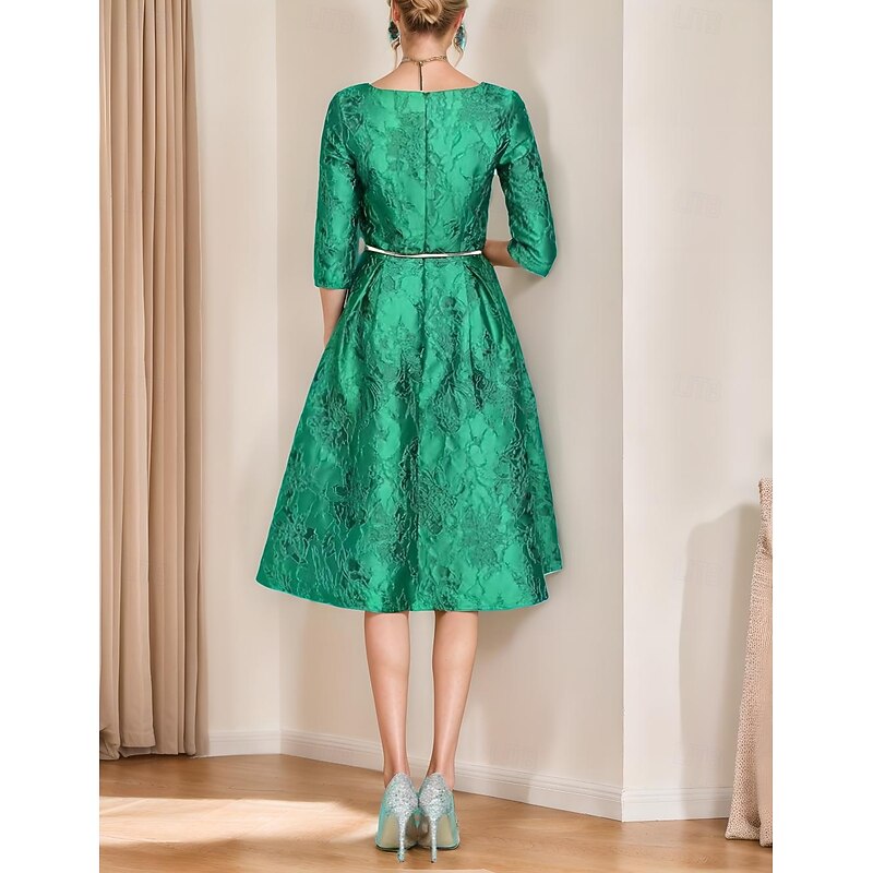 A-Line Mother of the Bride Dress Elegant Minimalist V Neck Tea Length Jacquard Half Sleeve with Embellished Belt Race Day Dress Wedding Guest Dress4