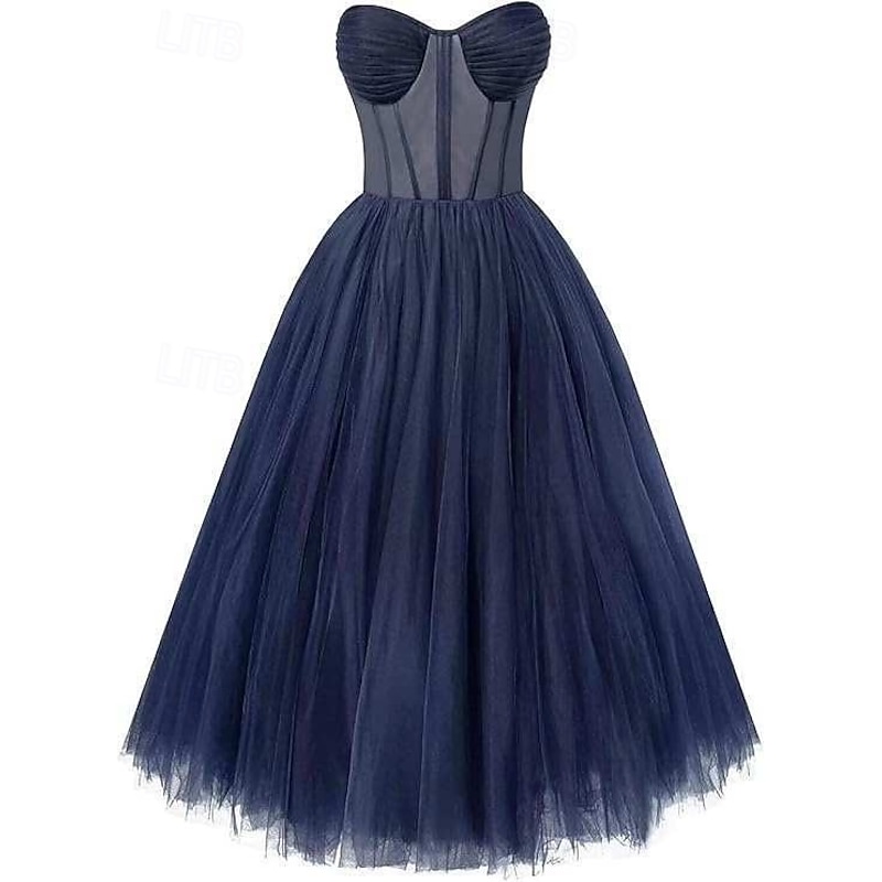 A-Line Prom Dresses Party Dress Evening Party Cocktail Party Tea Length Sleeveless Sweetheart Tulle with Ruched2