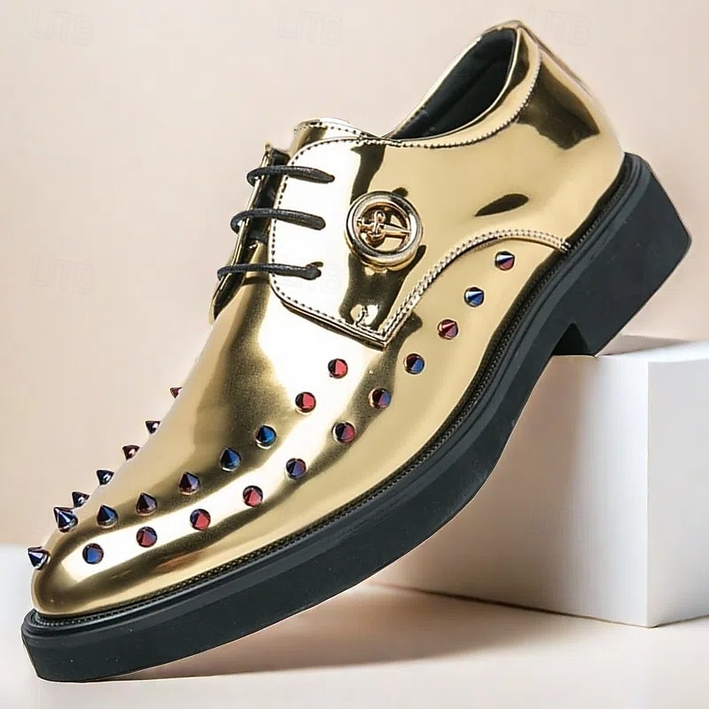 Men's Gold Patent Faux Leather Dress Shoes - Studded Rhinestone Lace-Up Design for Parties, Weddings and Stage Performances