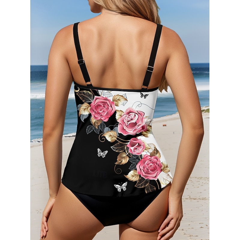 Women's Swimsuits Tankini 2 Piece Cheeky Swimsuit Backless Tummy Control High Waist Slim Vacation Beach Wear Floral Graphic U Neck Sleeveless Bathing Suits2