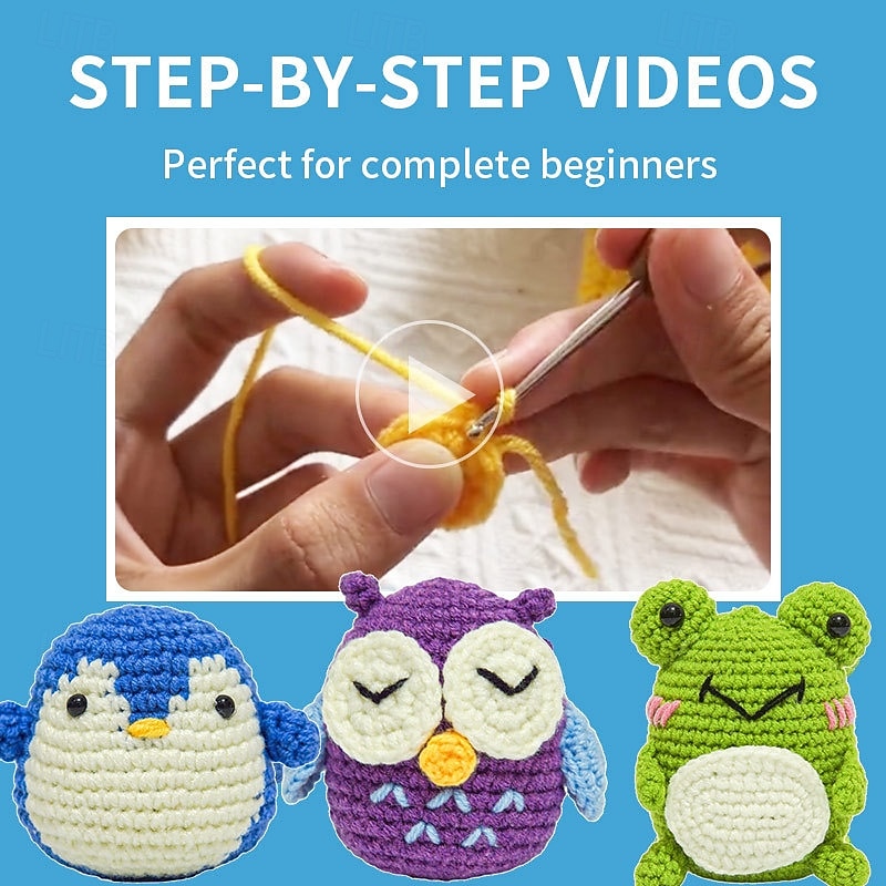 Christmas Crochet Kit for Beginners 3 Pattern Animals-Owl Penguin Frog Knitting Kit for Adult Kids with Step-by-Step Video Tutorials and Yarns Hook Accessories2