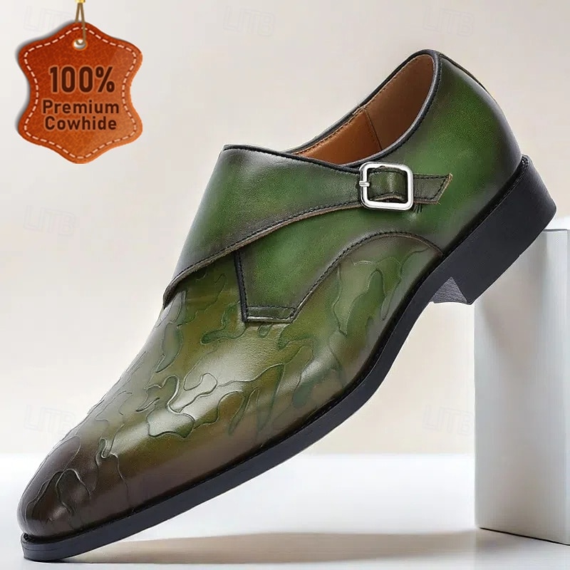 Men's Green Leather Monk Strap Dress Shoes – Premium Cowhide, Camouflage Pattern, Elegant Formal Footwear for Weddings and Business Events2