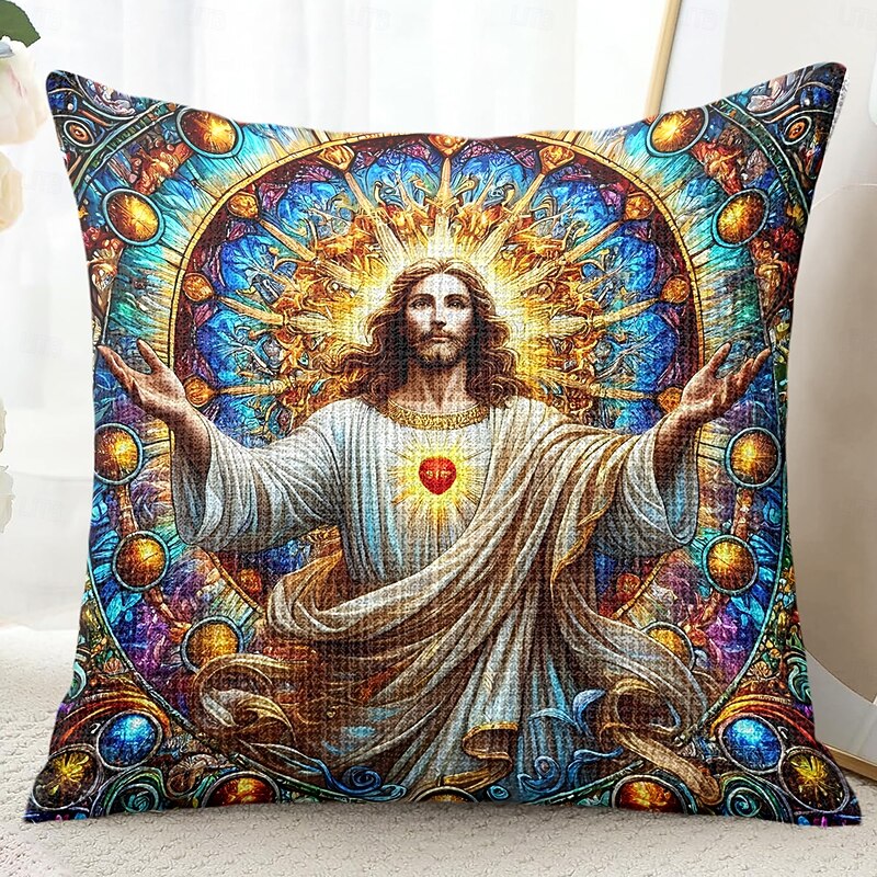 Easter Decorative Toss Pillows Cover 1PC Jesus Stained Glass Effect Soft Square Couch Cushion Case Pillowcase for Bedroom Livingroom Sofa Chair2