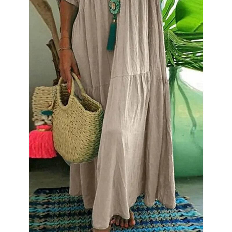 Women's Maxi Dress Cotton Linen Dresses Casual Dress Basic Casual Vacation Daily Regular Fit Plain Short Sleeve V Neck Red Orange Khaki Dark Blue Summer4