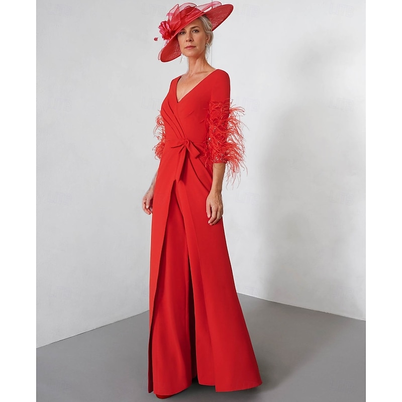 Jumpsuit Mother of the Bride  Elegant Vintage V Neck Floor Length Stretch Chiffon Half Sleeve with Feather Sequin Appliques3