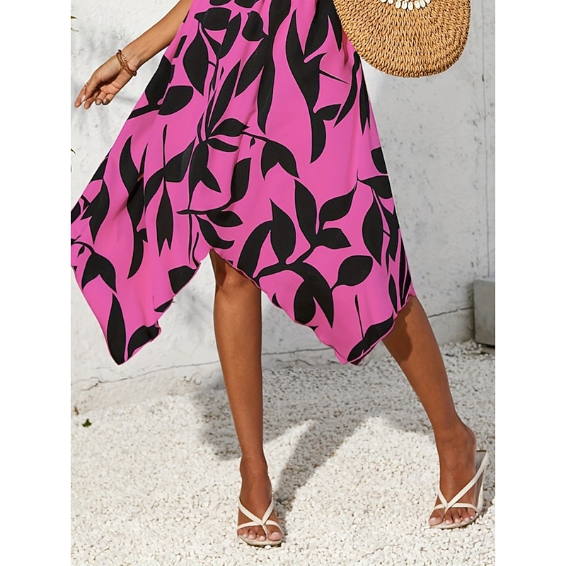 Women's Midi Dress Casual Dress Swing Dress A Line Dress Stylish Casual Vacation Daily Regular Fit Leaf Sleeveless V Neck Light Pink Blue Purple Apricot Summer4