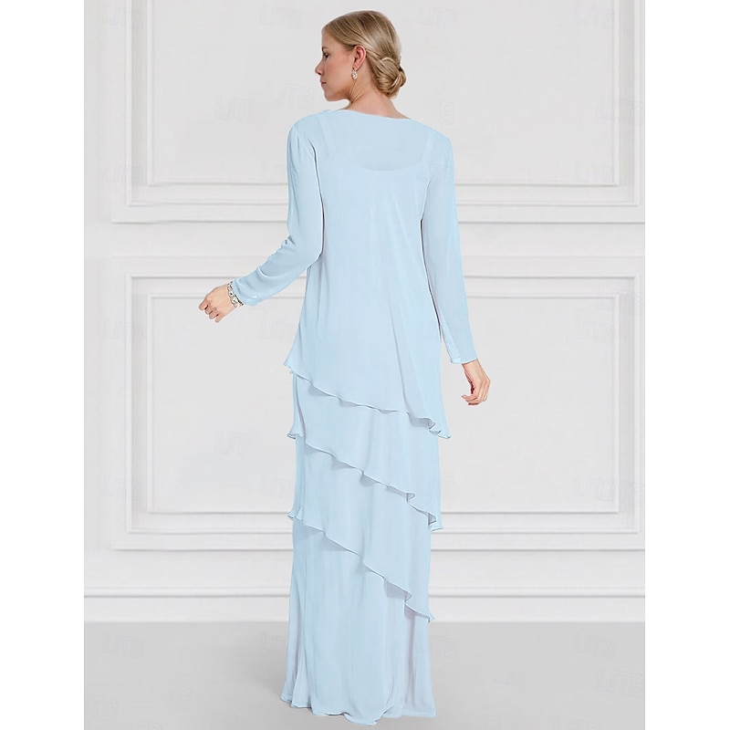 Jacket Dress Mother of the Bride Long Sleeve with Lace Ruffles Chiffon Elegant Vintage Crew Neck Floor Length Dress Cascading Ruffles2
