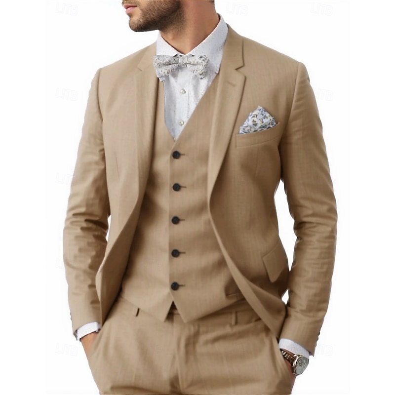 Men's Wedding Linen Suits Notch Light Blue Pink Solid Colored Tailored Fit 3 Piece Single Breasted Two-buttons2