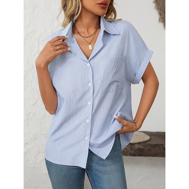 Women's Shirt Blouse Striped Stylish Casual Short Sleeve Shirt Collar Regular Tops Daily Buttons Print Pink Blue Summer