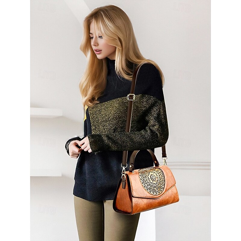 Vintage Floral Engraved Faux Leather Handbag – Women's Retro Crossbody Bag with Top Handle for Casual and Formal Occasions Wine Black White2