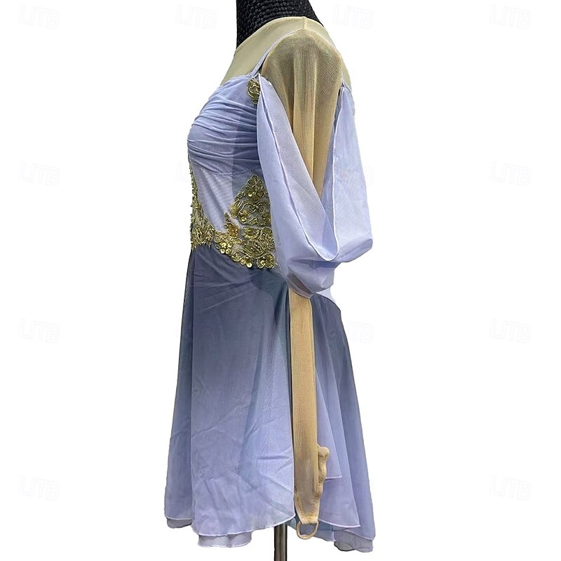 Figure Skating Dress Women's Girls' Ice Skating Dress Light Purple Patchwork Thumbhole Mesh Spandex Stretchy Training Practice Professional Skating Wear Crystal / Rhinestone Long Sleeve Figure Skating2