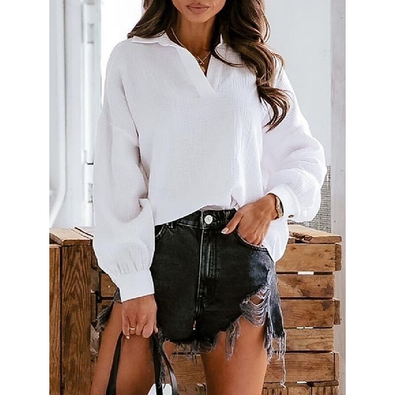 Women's Shirt Blouse Solid Color Basic Casual Long Sleeve Notched Neck Regular Tops Daily Black White Summer Spring Fall