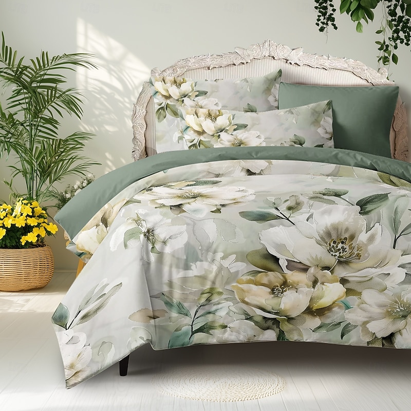 100% Cotton White Flower Plush Cloth Duvet Cover 3-Piece Set for Summer Soft Skin Friendly Long Lasting Comfy Lightweight