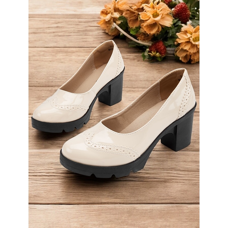 Women's Patent Leather Platform Chunky Heel Pumps with Brogue Detailing, Vintage-Style Dress Shoes for Office, Parties, and Formal Events
