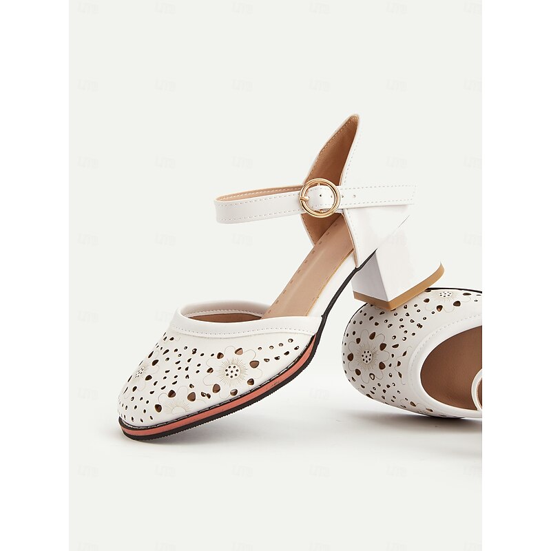 Women's White Mary Jane Low Heel Shoes - Laser Cut Floral Design, Vintage Style for Casual and Formal Occasions