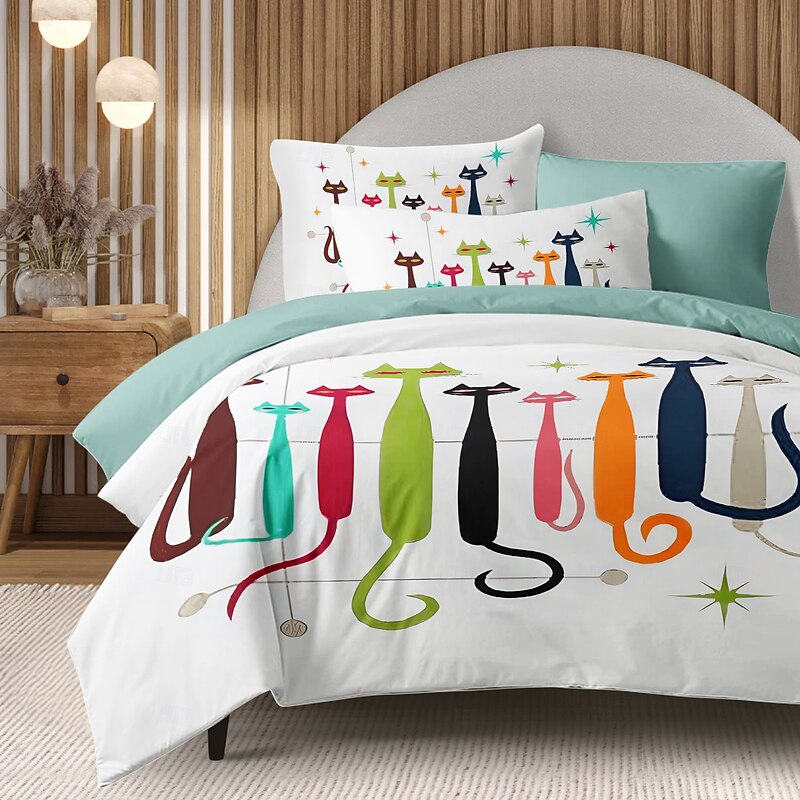 Cat Duvet Cover Set 100% Cotton Soft and Breathable Bedding Featuring Adorable Cat Prints Perfect for Cat Lovers Lightweight and Durable Quilt Cover Comfortable for All Seasons