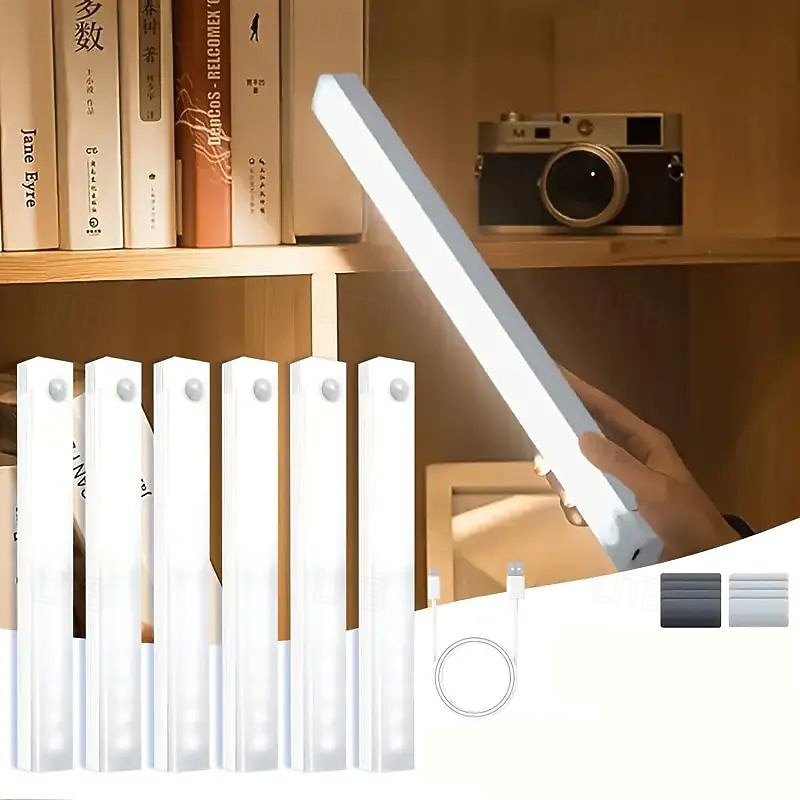 6 Pack Under Cabinet Lighting, Motion Sensor LED Cabinet Lights, USB Rechargeable, Night Reading Lights for Wardrobe, Kitchen, Stairs & Bookshelves 20/30cm2