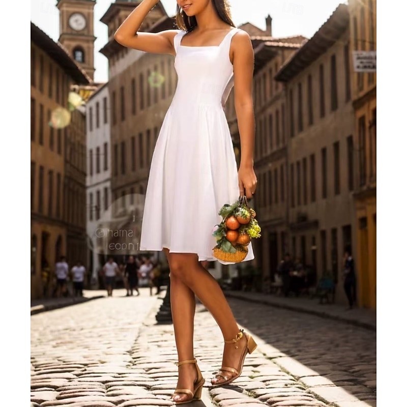 Little White Dresses Glitter & Sparkle Wedding Dresses A-Line Square Neck Sleeveless Knee Length Stretch Fabric Bridal Suits Bridal Gowns With Pleats Solid Color3