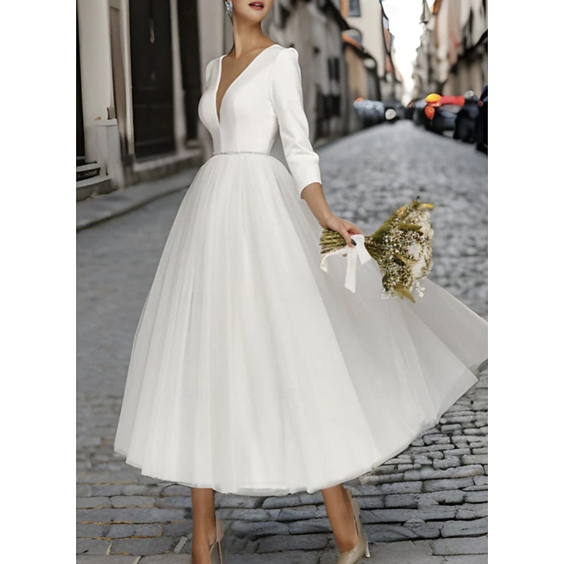 Engagement Little White Dresses Wedding Dresses A-Line V Neck 3/4 Length Sleeve Ankle Length Tulle Bridal Gowns With Pleats Crystal Brooch