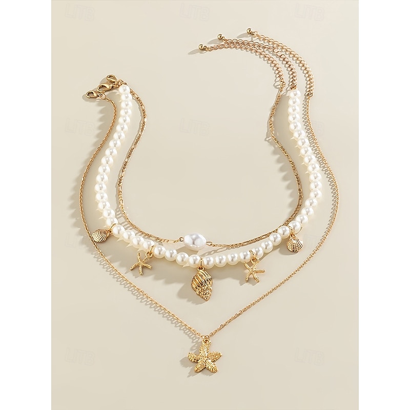 Layered Pearl and Gold Starfish Necklace Set – Beach-Inspired Jewelry for Women, Perfect for Summer and Coastal Occasions4