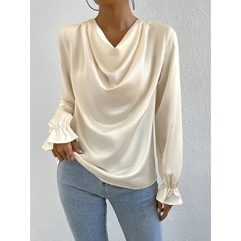 Women's Shirt Elegant Dressy Satin Solid Color Stylish Casual Long Sleeve Cowl Neck Regular Tops Daily Ruched Black Beige Summer Spring3