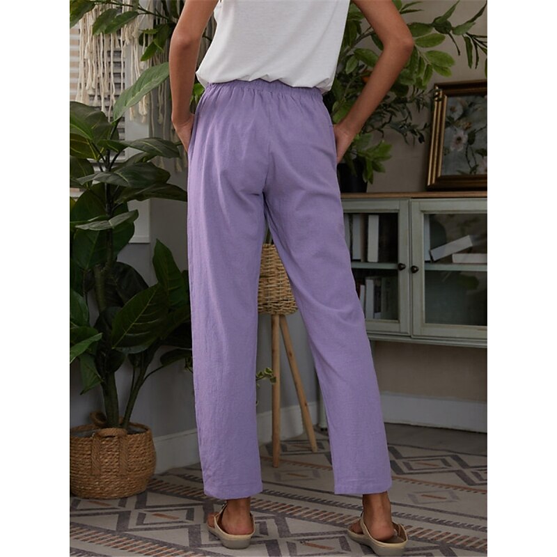 Women's Cotton Linen Pants Chinos Classic Style Full Length High Waist Plain Pocket Elastic Waistband Comfy Soft Comfortable Micro-elastic Outdoor Street Purple Green Summer Spring Regular Fit3