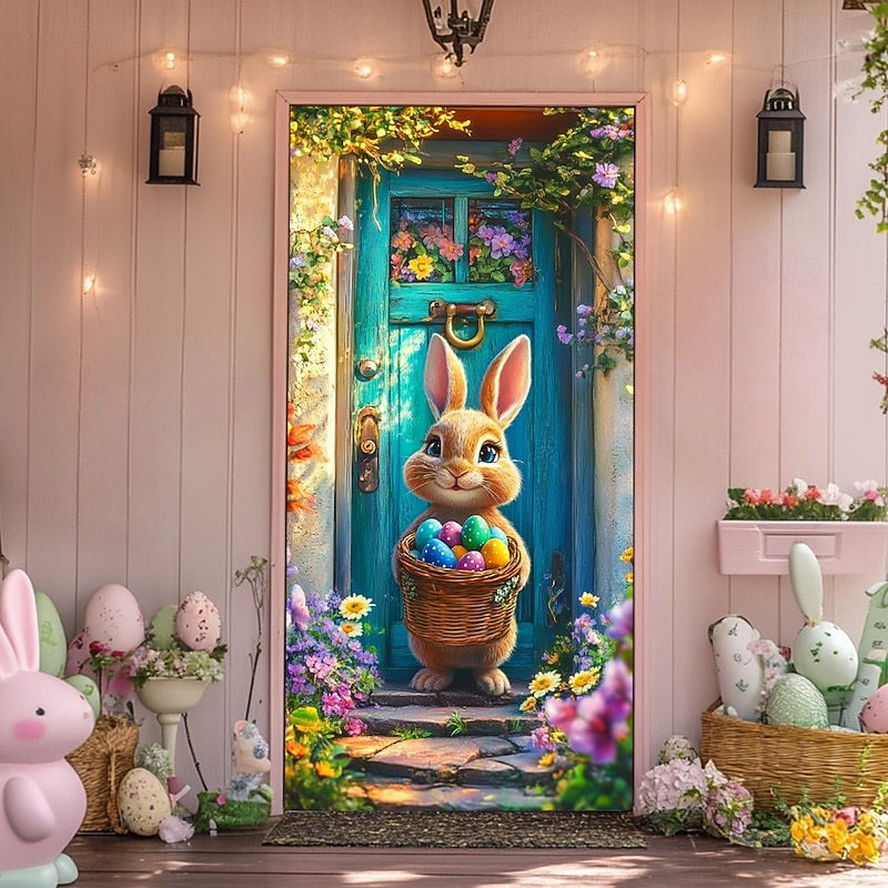 Door Decorations Door Covers Bunny Holding Eggs Door Tapestry Door Curtain Decoration Backdrop Indoor/Outdoor Door Banner for Front Door Farmhouse2
