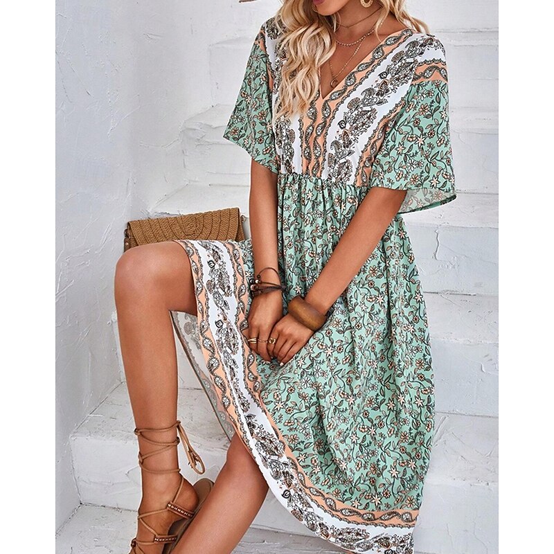 Women's Long Dress Maxi Dress A Line Dress Summer Dress Boho Dress Elegant Hawaiian Stylish Vacation Daily Date Regular Fit Floral Short Sleeve V Neck Green Summer4