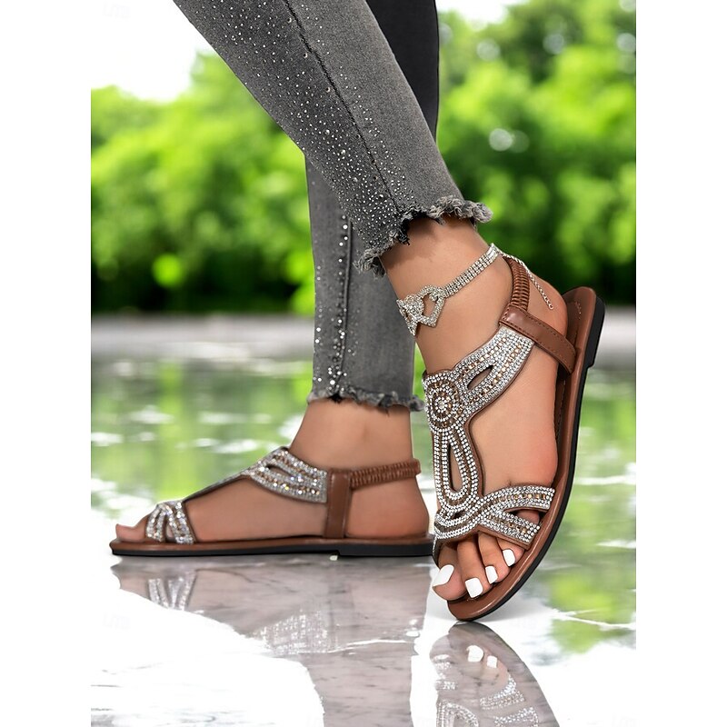 Women's Rhinestone Flat Sandals – Elegant Bohemian Gladiator Sandals for Weddings, Beach & Summer Outfits2