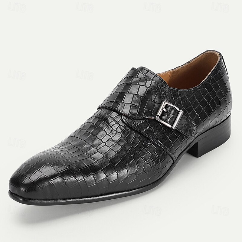 Men's Black Crocodile Pattern Leather Monk Strap Shoes – Premium Cowhide, Formal Style for Business and Special Occasions2