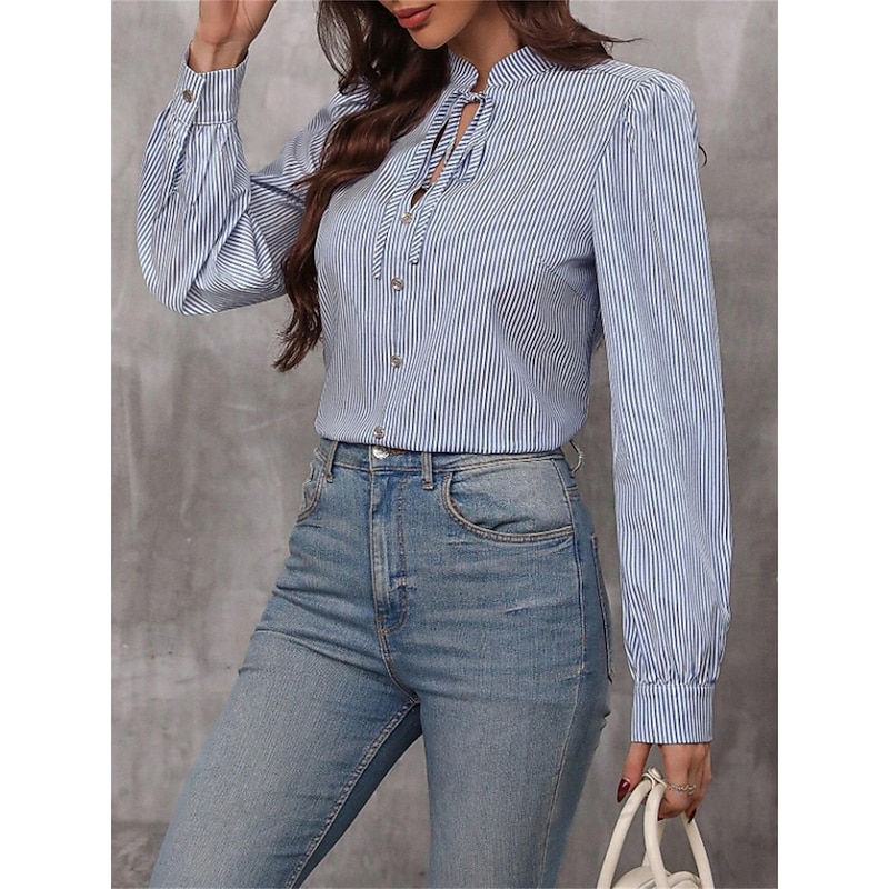 Women's Shirt Blouse Striped Stylish Casual Long Sleeve V Neck Regular Tops Work Daily Going out Patchwork Pink Blue Green Khaki Summer Spring Fall3