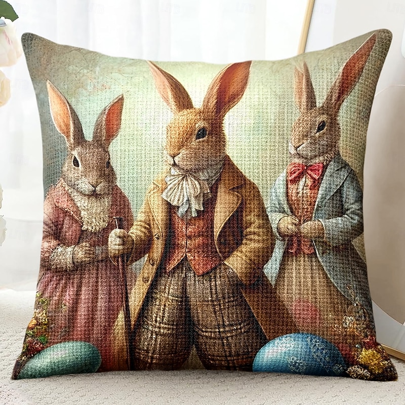 Vintage Easter Decorative Toss Pillows Cover 1PC Bunny Soft Square Couch Cushion Case Pillowcase for Bedroom Livingroom Sofa Chair3