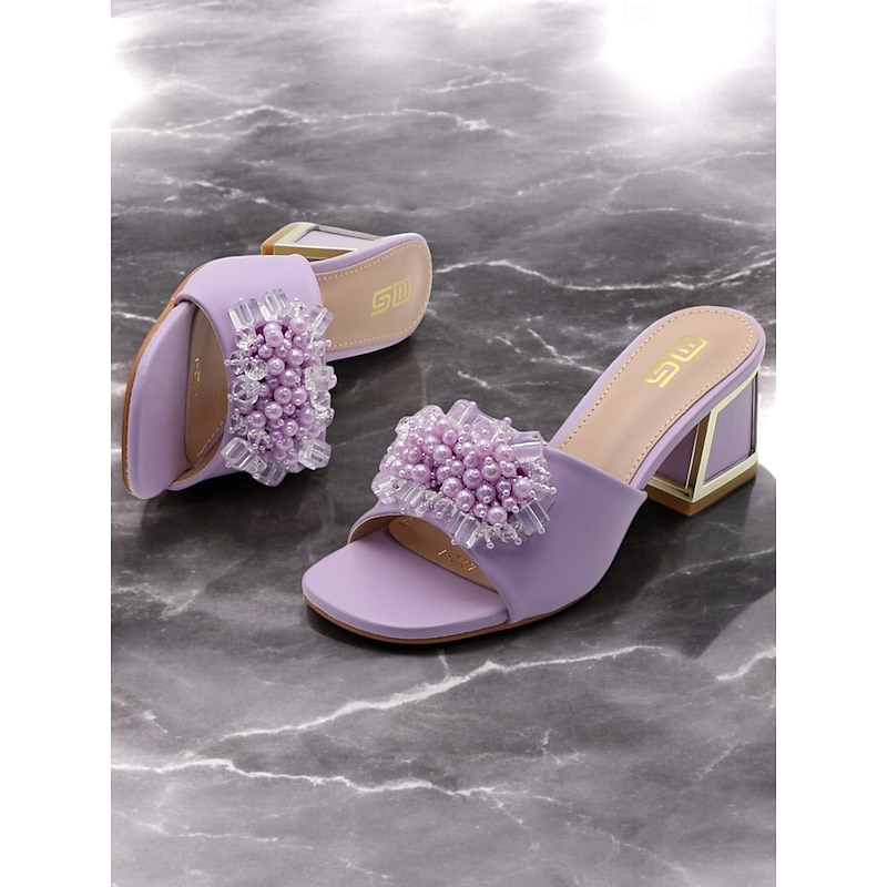Women's Purple Slide Sandals with Pearl and Bead Embellishments – Fashionable Chunky Heel Mules for Casual Outings and Evening Events2
