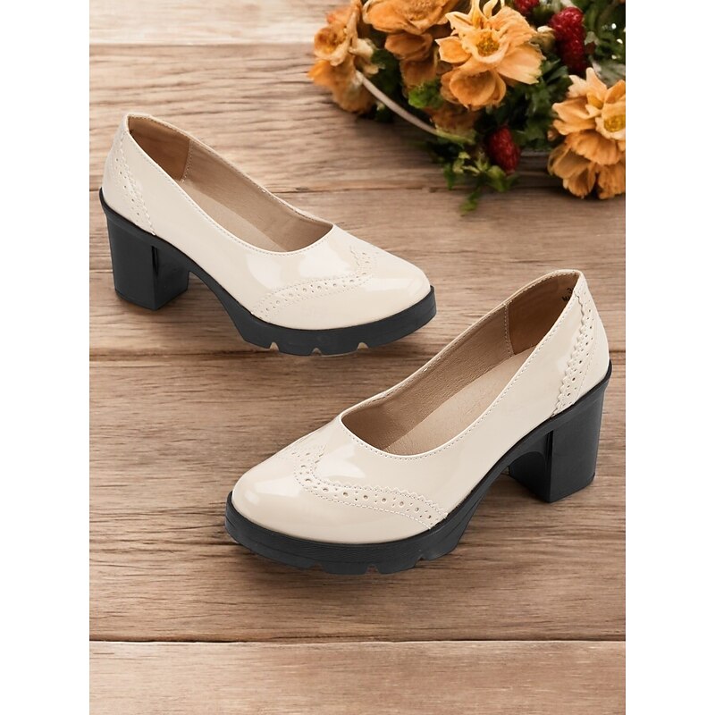 Women's Patent Leather Platform Chunky Heel Pumps with Brogue Detailing, Vintage-Style Dress Shoes for Office, Parties, and Formal Events2