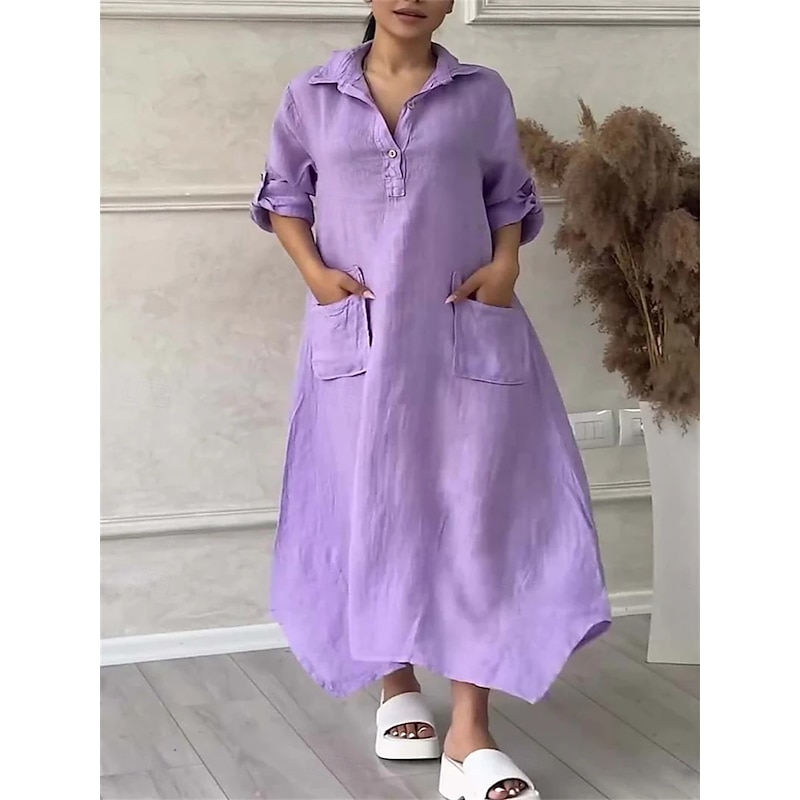 Women's Maxi Dress Cotton Linen Dresses Casual Dress Elegant Stylish Basic Vacation Daily Loose Fit Plain Long Sleeve Shirt Collar Black White Yellow Purple Spring Fall