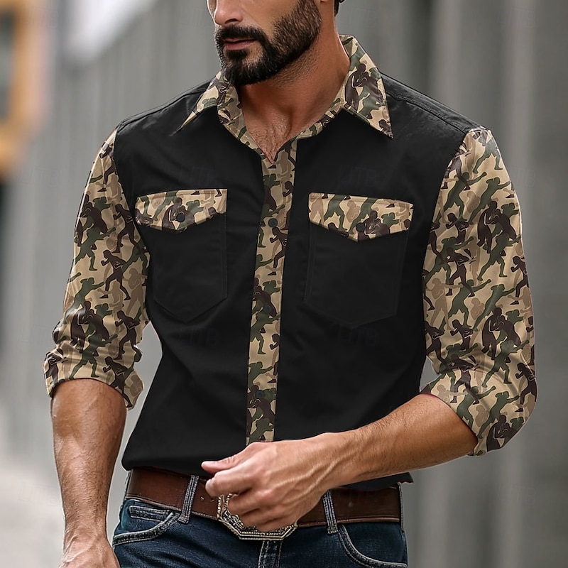 Men's Camouflage Western Shirt Cowboy Shirt Long Sleeve Western Sports Outdoor Spring Fall Turndown Button Up 2 Pockets Black Green2