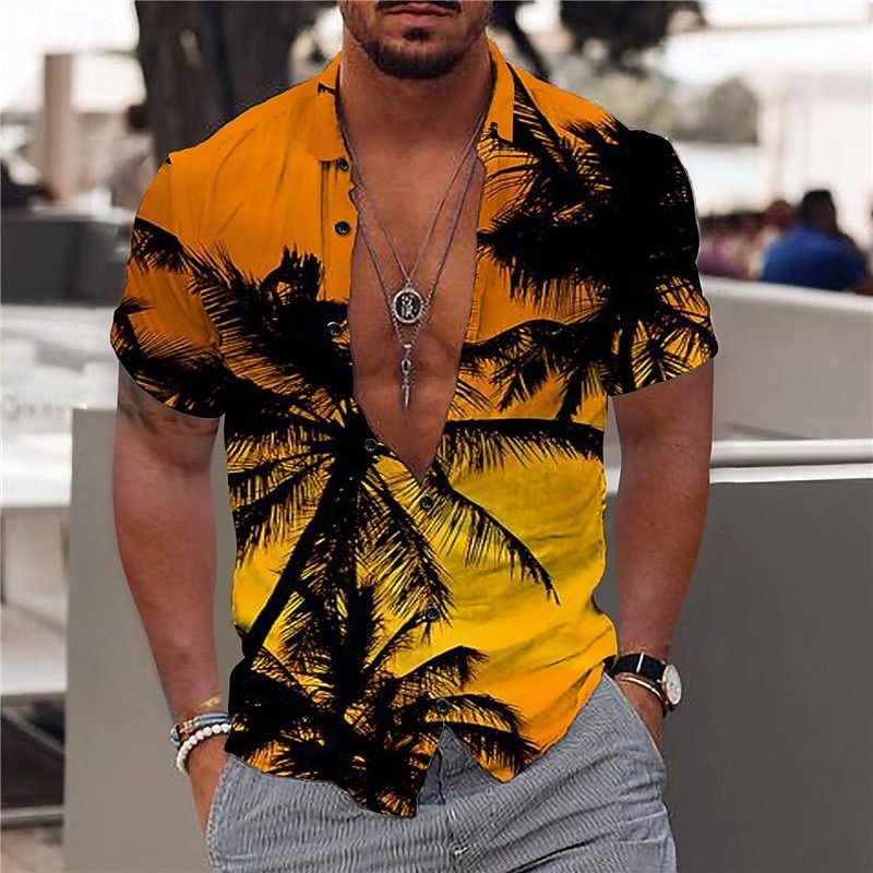 Men's Coconut Tree Tropical Plants Shirt Summer Hawaiian Shirt Aloha Shirt Short Sleeve Shirt Turndown Fashion Designer Casual Outdoor Street Casual Light Yellow Yellow Pink 3D Print S M L