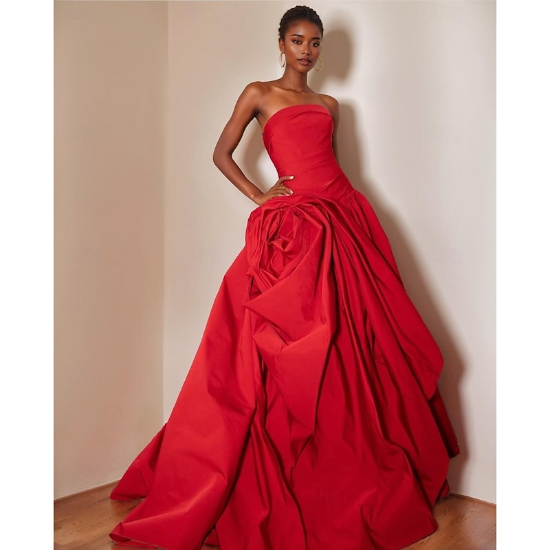 Ball Gown A-Line Drop Waist Evening Gown Celebrity Style FLoral Dress Carnival Formal Watteau Train Sleeveless Strapless Satin with Ruched Ruffles
