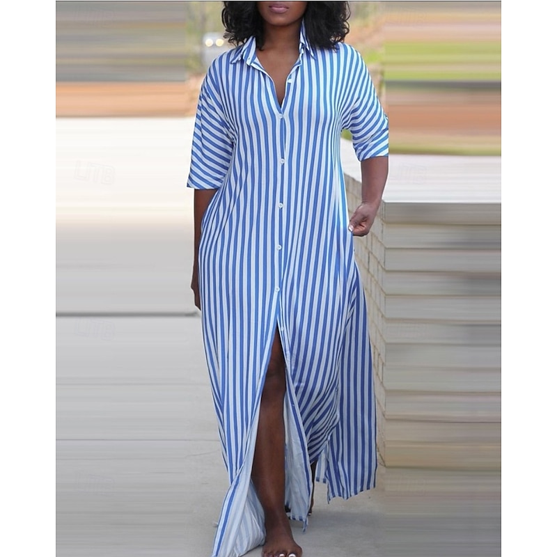 Women's Long Dress Maxi Dress Shirt Dress Casual Dress Summer Dress Stylish Casual Vacation Daily Date Regular Fit Stripe Half Sleeve Lapel Black Red Blue Green Summer Spring