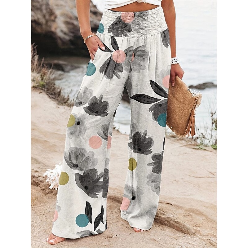 Women's Culottes Wide Leg Fashion Streetwear Full Length High Waist Floral Pocket Elastic Waistband Comfy Soft Comfortable Micro-elastic Street Going out Robin's Egg Blue Black Sage Gray Summer Spring2
