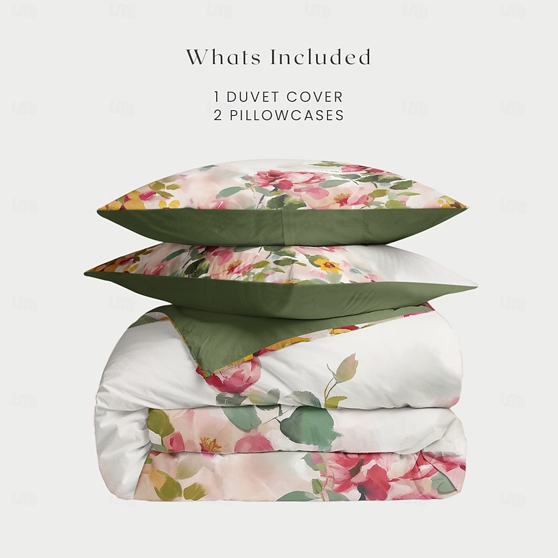 100% Cotton Floral Series Duvet Cover 3-Piece Set Short Fluff for Summer Soft Skin Friendly Comfy Lightweight Queen King Size3