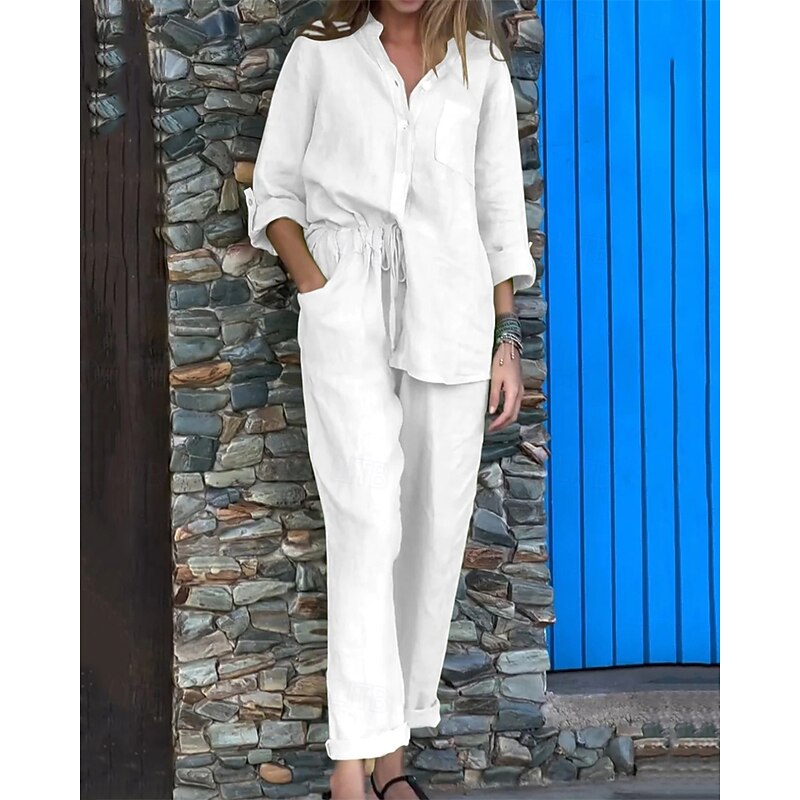 Women's Fashion Streetwear Shirt Linen-Inspired Sets Two Piece Sets Linen Pants Pants Trousers Set Long Sleeve Shirt Collar Solid Color Drawstring Daily Wear Date Black White Yellow Spring Regular Fit2