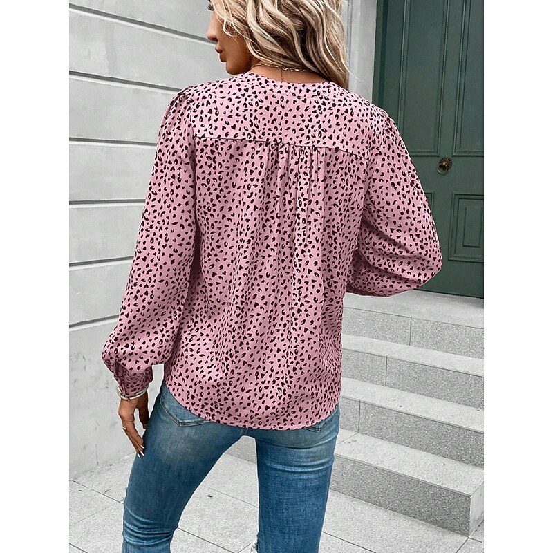 Women's Shirt Blouse Leopard Stylish Casual Long Sleeve Notched Neck Regular Tops Daily Print White Pink Summer Spring2