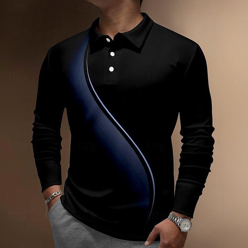 Men's Geometic Line Long Sleeve Polo Shirts Collared Shirts Casual Business Casual Party Evening Wear Athleisure Daily Wear 3D Print Buttons Spring Fall & Winter Black Blue Purple